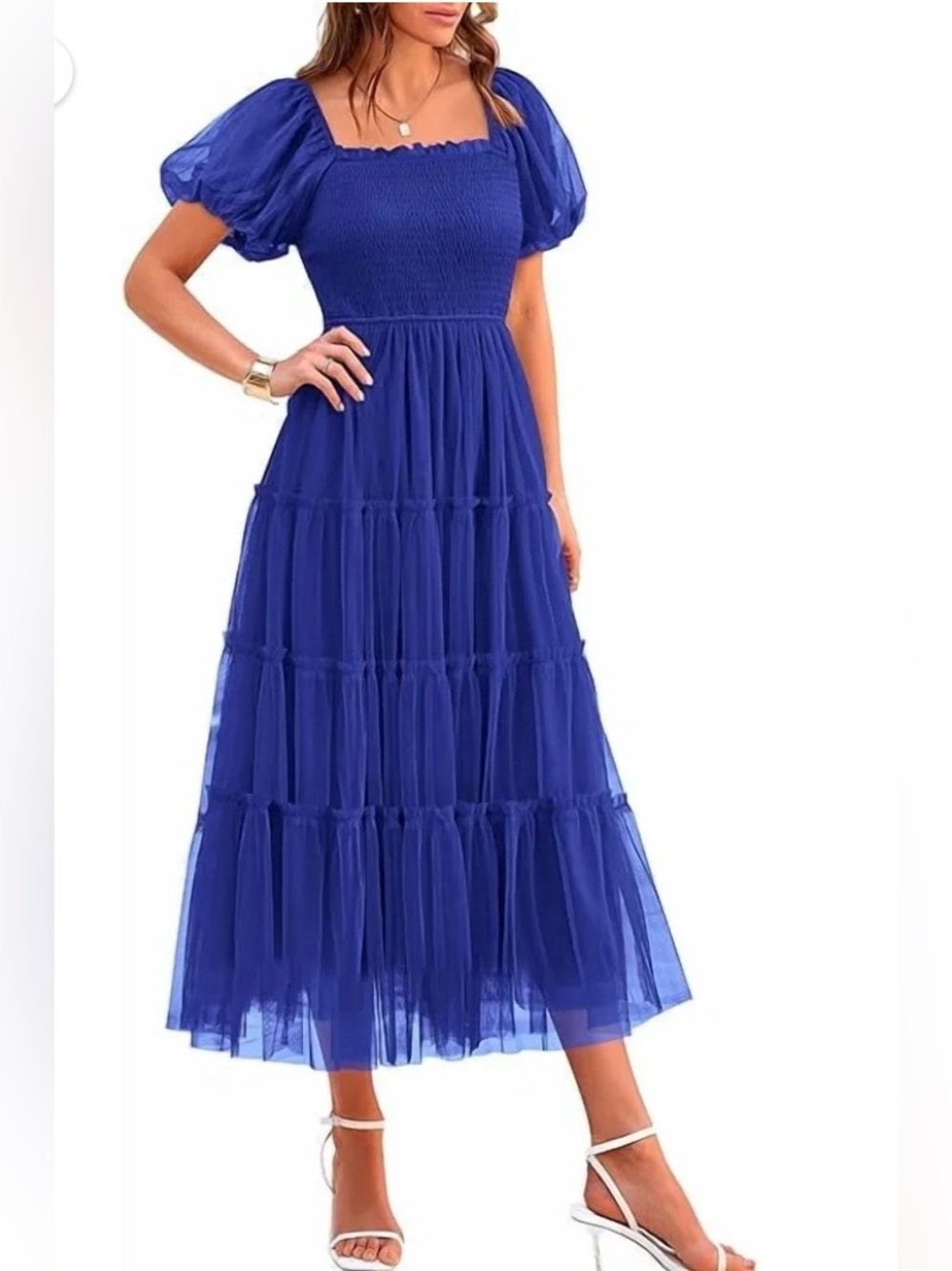 NWOT PRETTYGARDEN Smocked Tulle Midi Dress  Square Neck Puffy Short Sleeve XXL